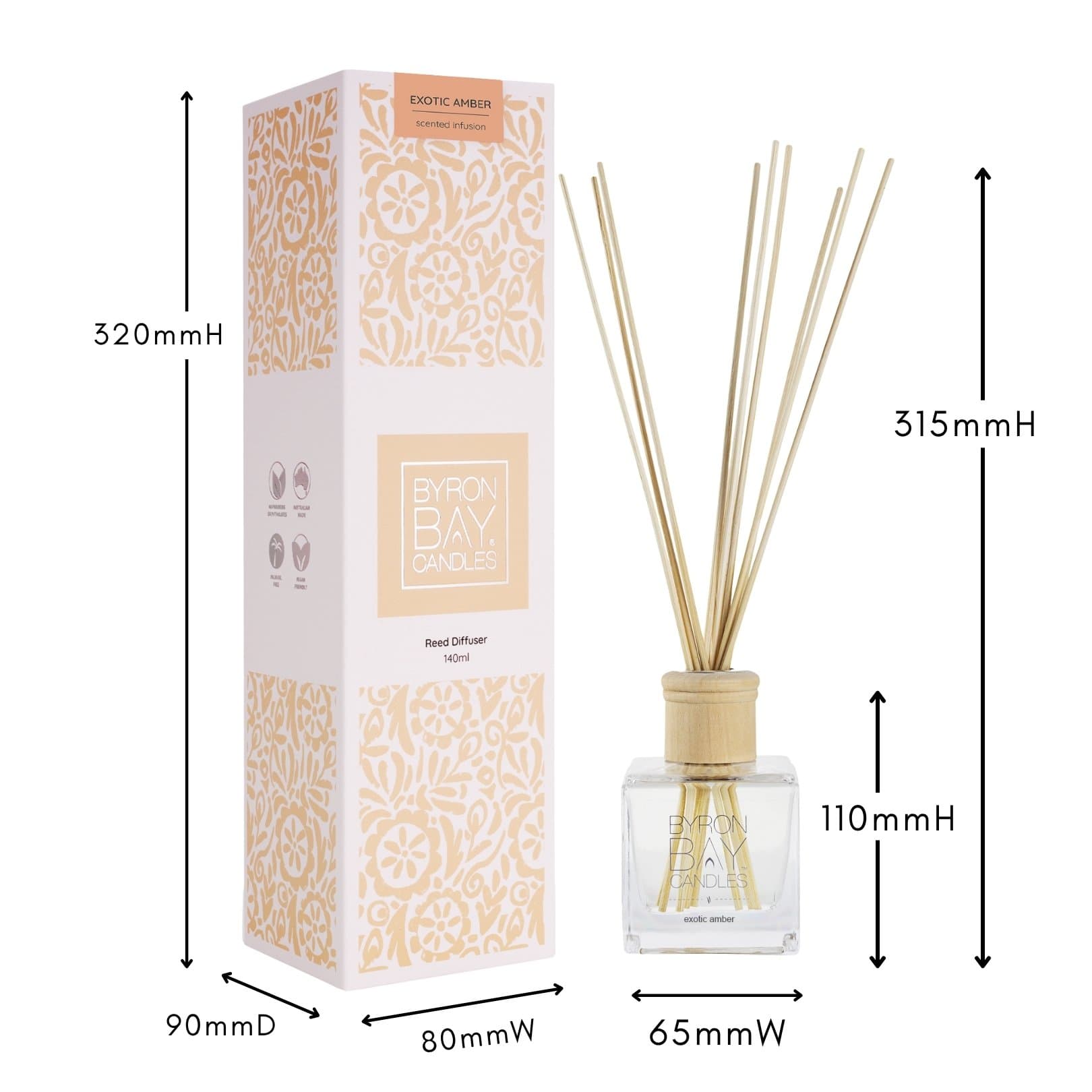 Exotic Amber reed diffuser with measurements