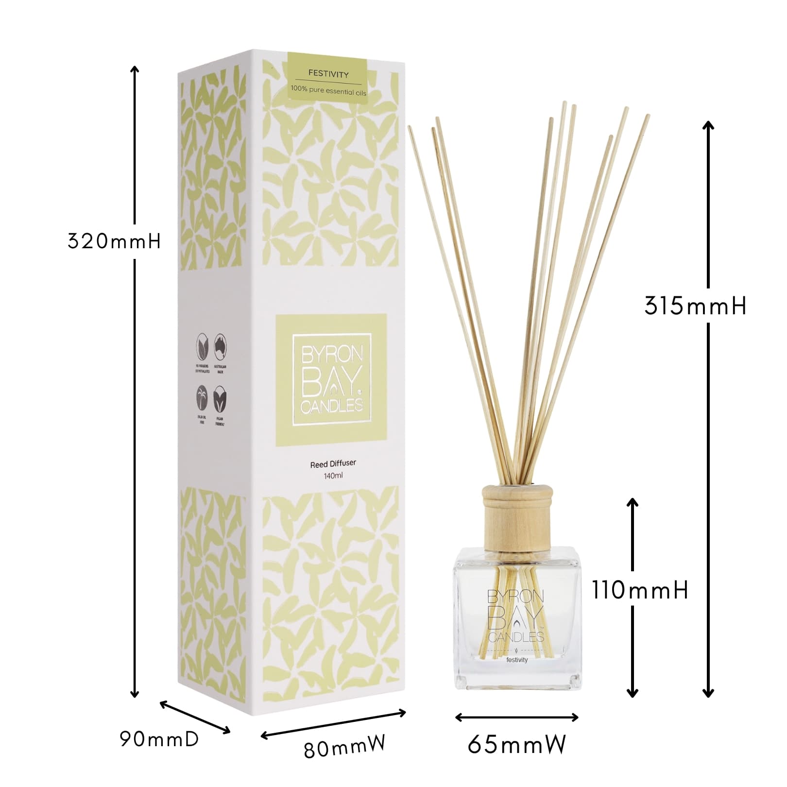 Festivity reed diffuser with measurements