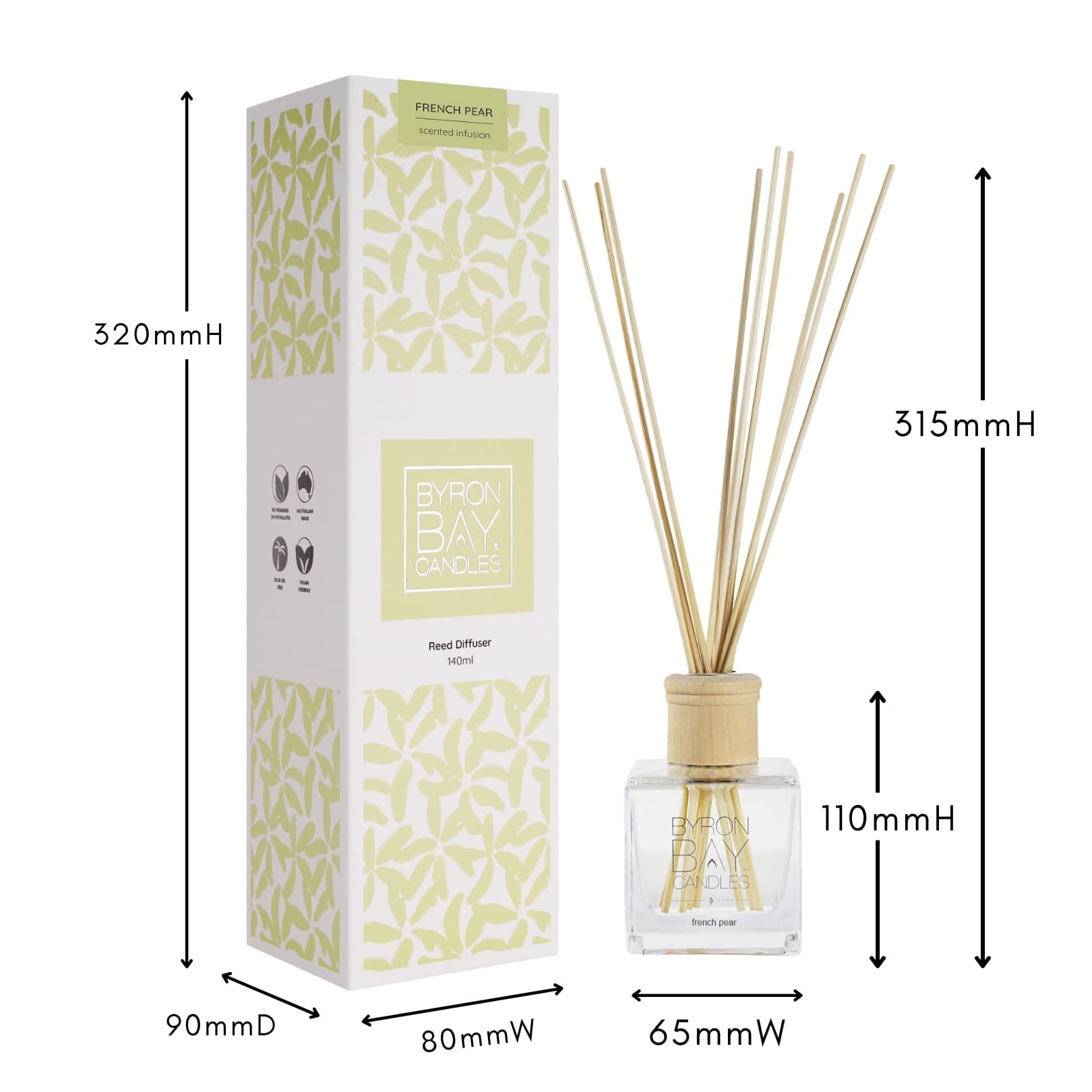 French Pear reed diffuser with measurements
