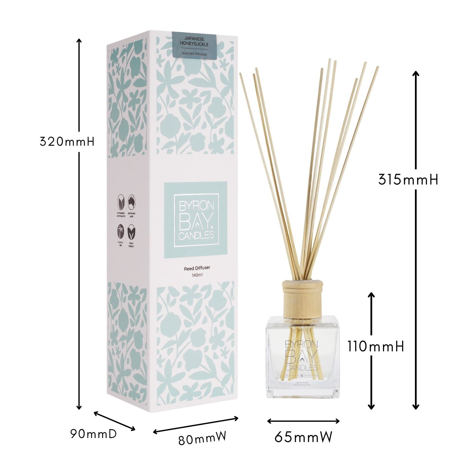 Japanese Honeysuckle reed diffuser with measurements