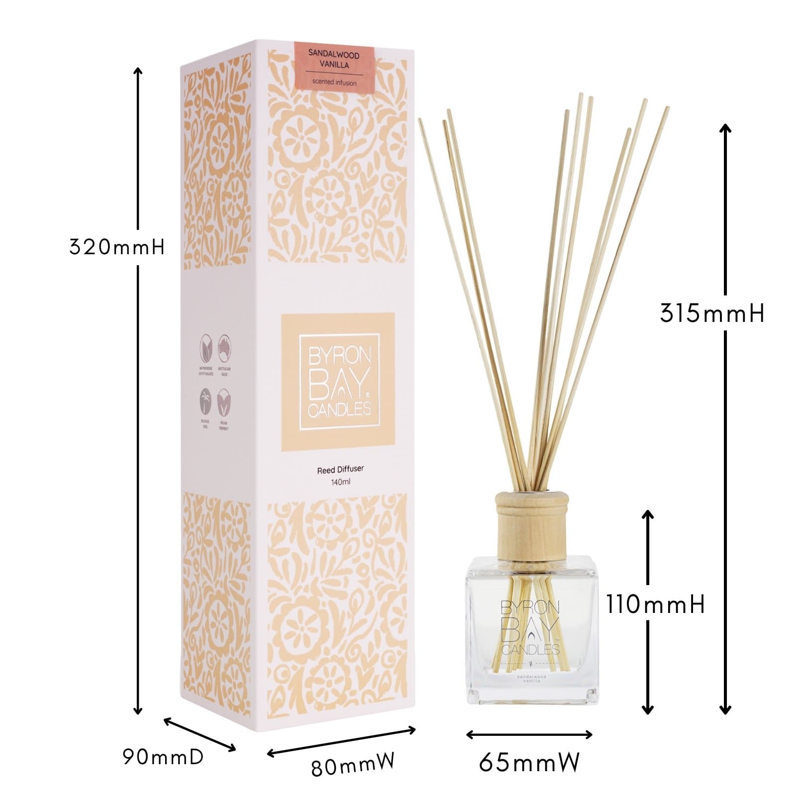 Sandalwood Vanilla reed diffuser with measurements
