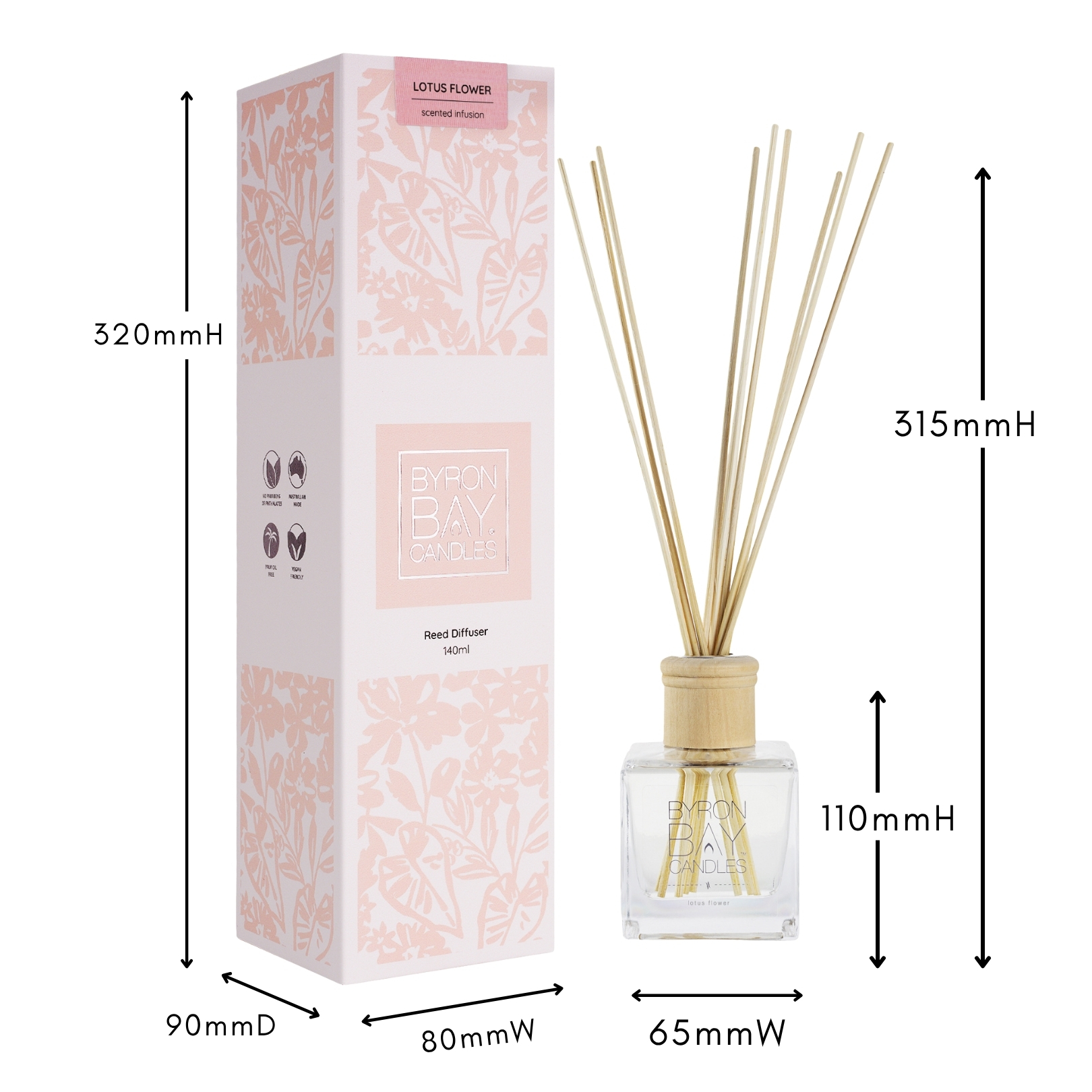 Lotus Flower reed diffuser with measurements