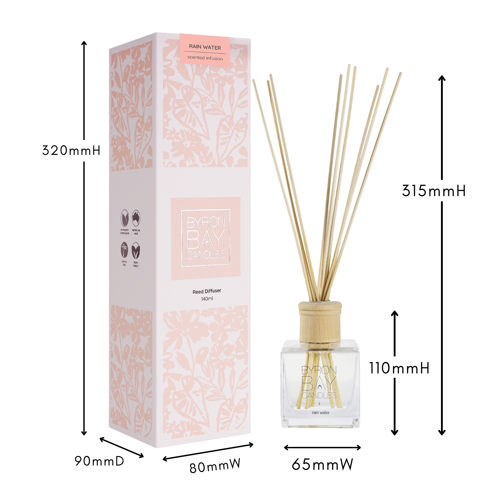 Rain Water reed diffuser with measurements