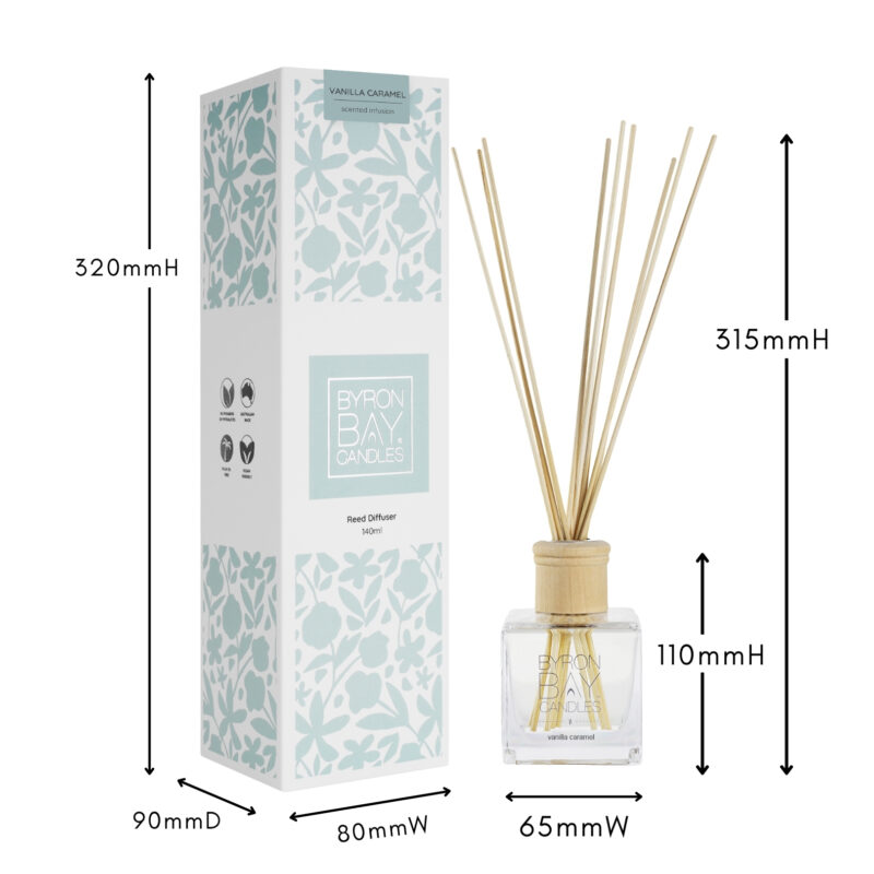 Vanilla Caramel reed diffuser with measurements