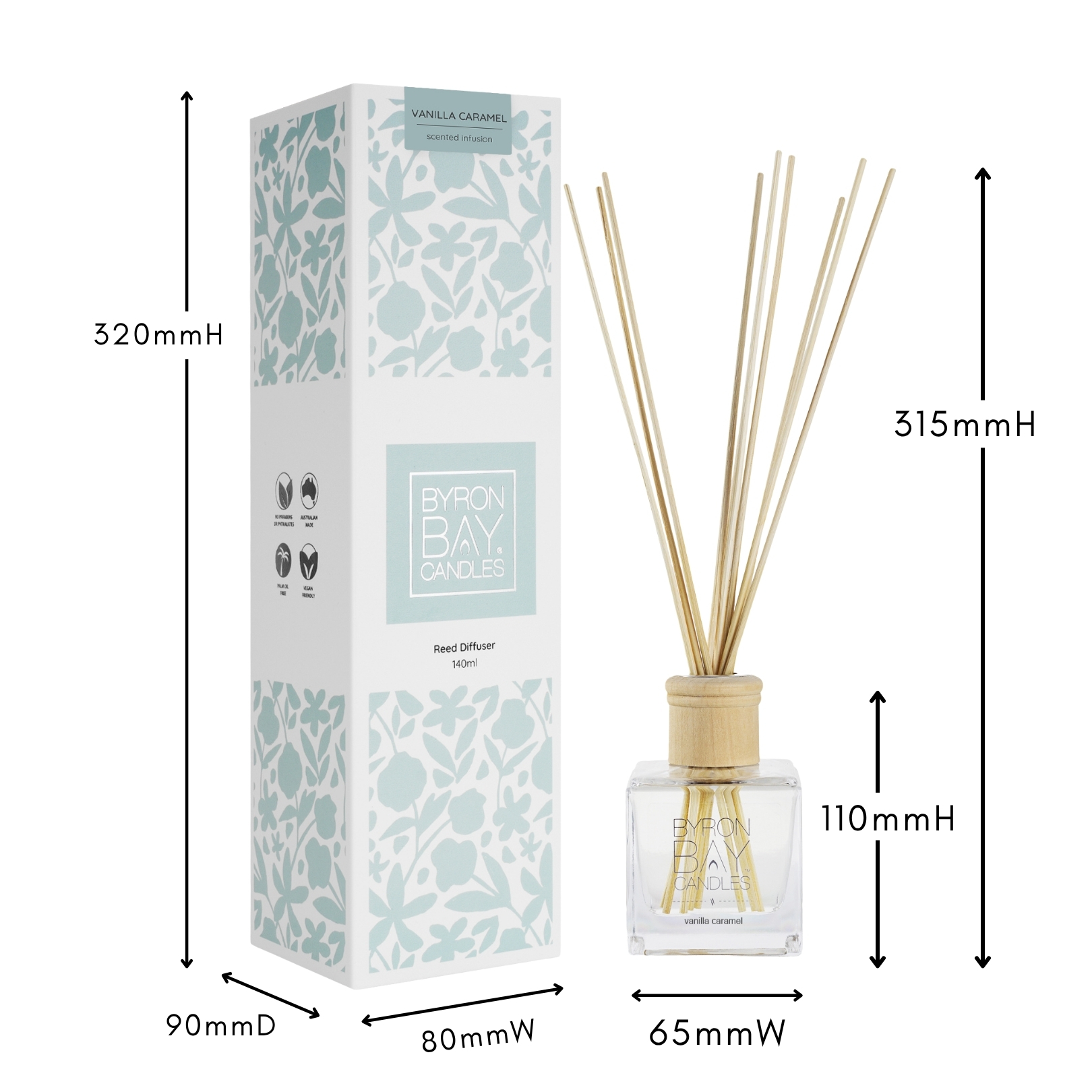 Vanilla Caramel reed diffuser with measurements