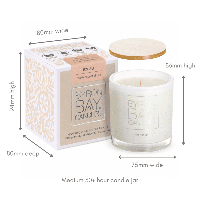 Byron Bay Candles Exhale essential oil candle with wooden lid and packaging.