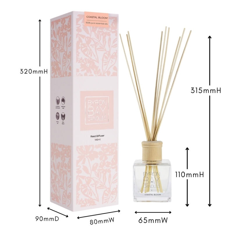 Coastal Bloom reed diffuser with measurements Coastal Bloom reed diffuser with measurements